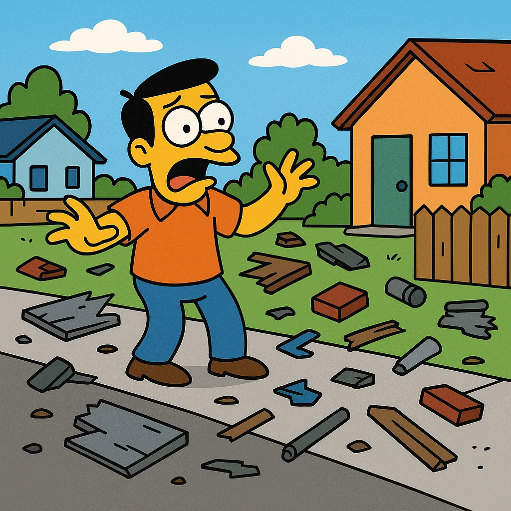 Debris – pieces of broken or leftover things.
After the storm, debris was scattered all over the street.
 emoji