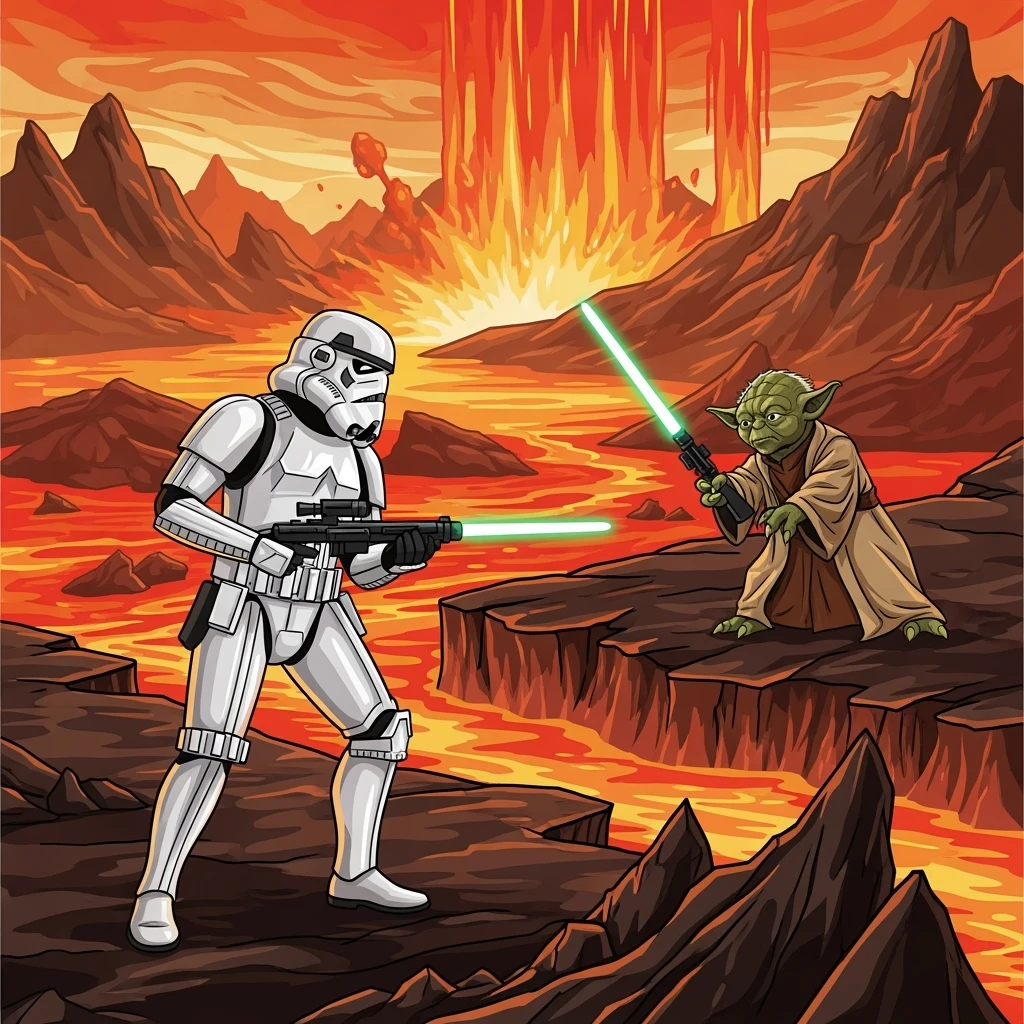 vector art of a Starwars stormtroopers is walking on lava planet with yoda, battleground background 
 emoji
