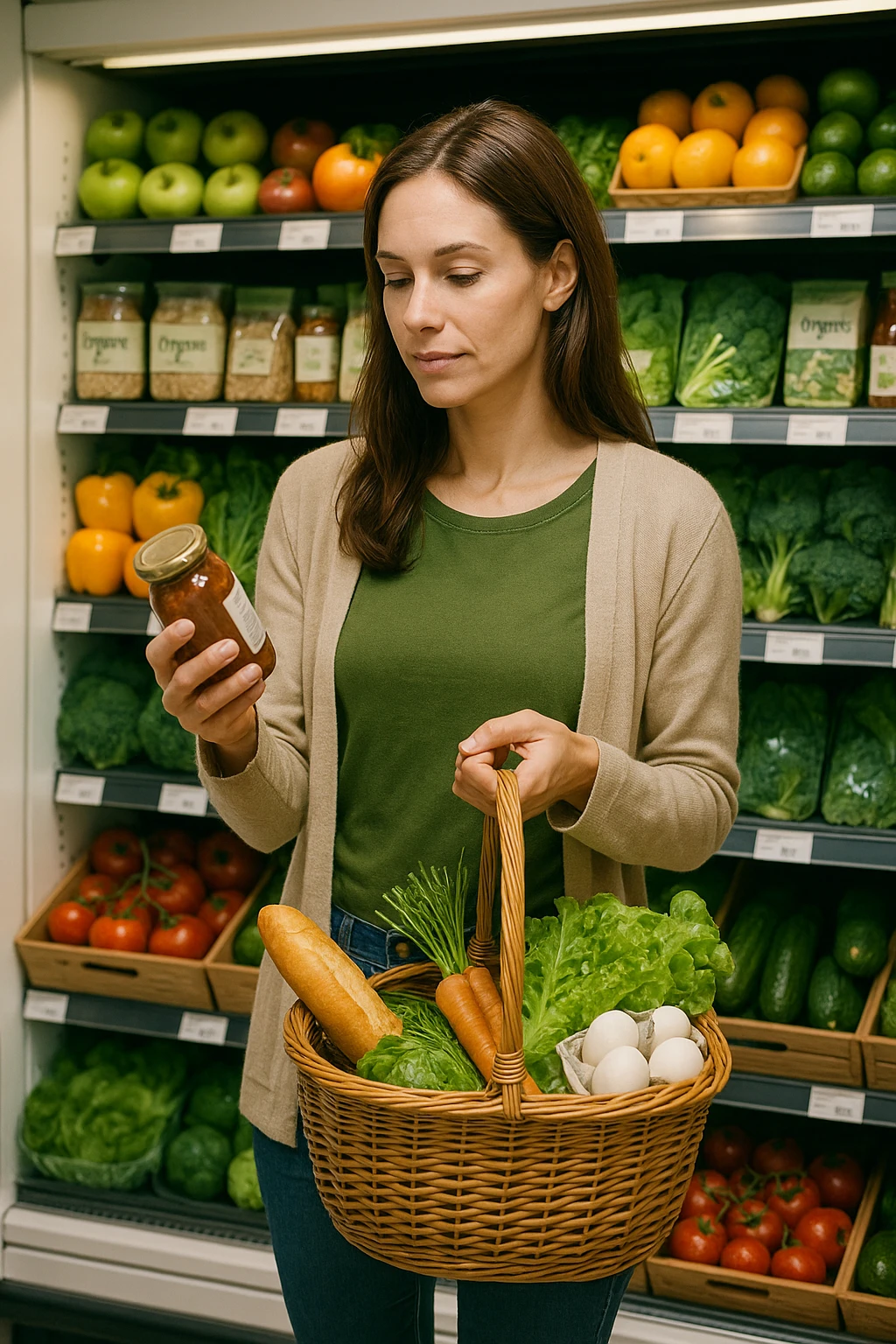 Donna che sta scegliendo quali alimenti di qualità mangiare emoji