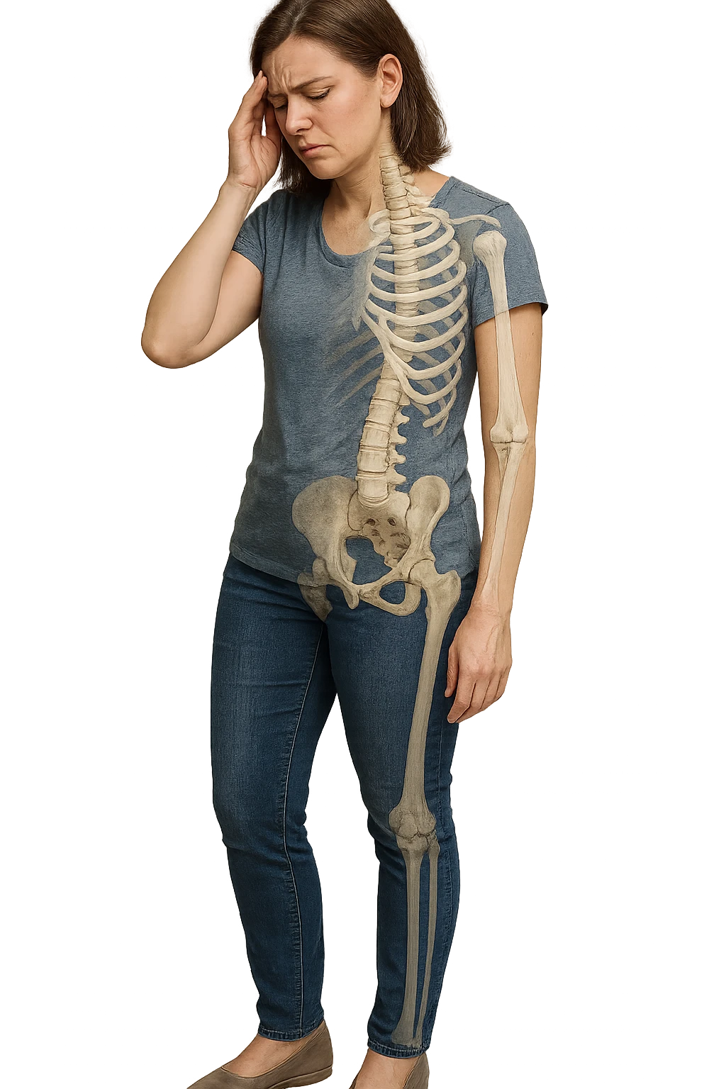 donna stanca a figura intera che si tiene una mano sulla tempia con spina dorsale anatomica visibile, iperrealistico 4k emoji