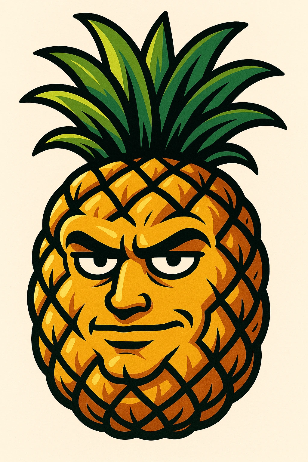 a pineapple with a sigma face, bold cartoon style emoji