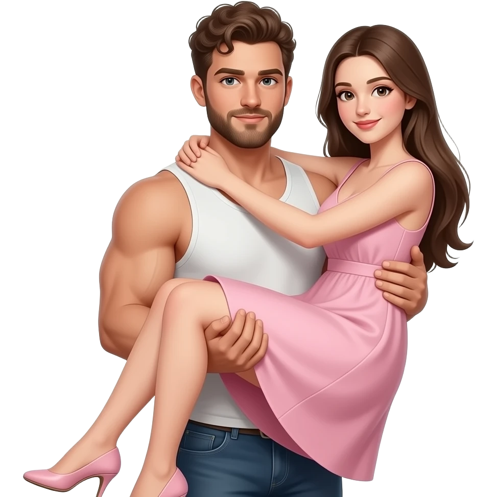 Realistic white skin brown short curly hair with beard muscular man carrying white skin long straight brown hair girlfriend wearing aesthetic pink dress HD emoji