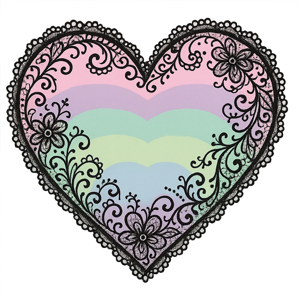 pastel goth heart with pastel rainbow and black lace, gothic style, whimsical emoji