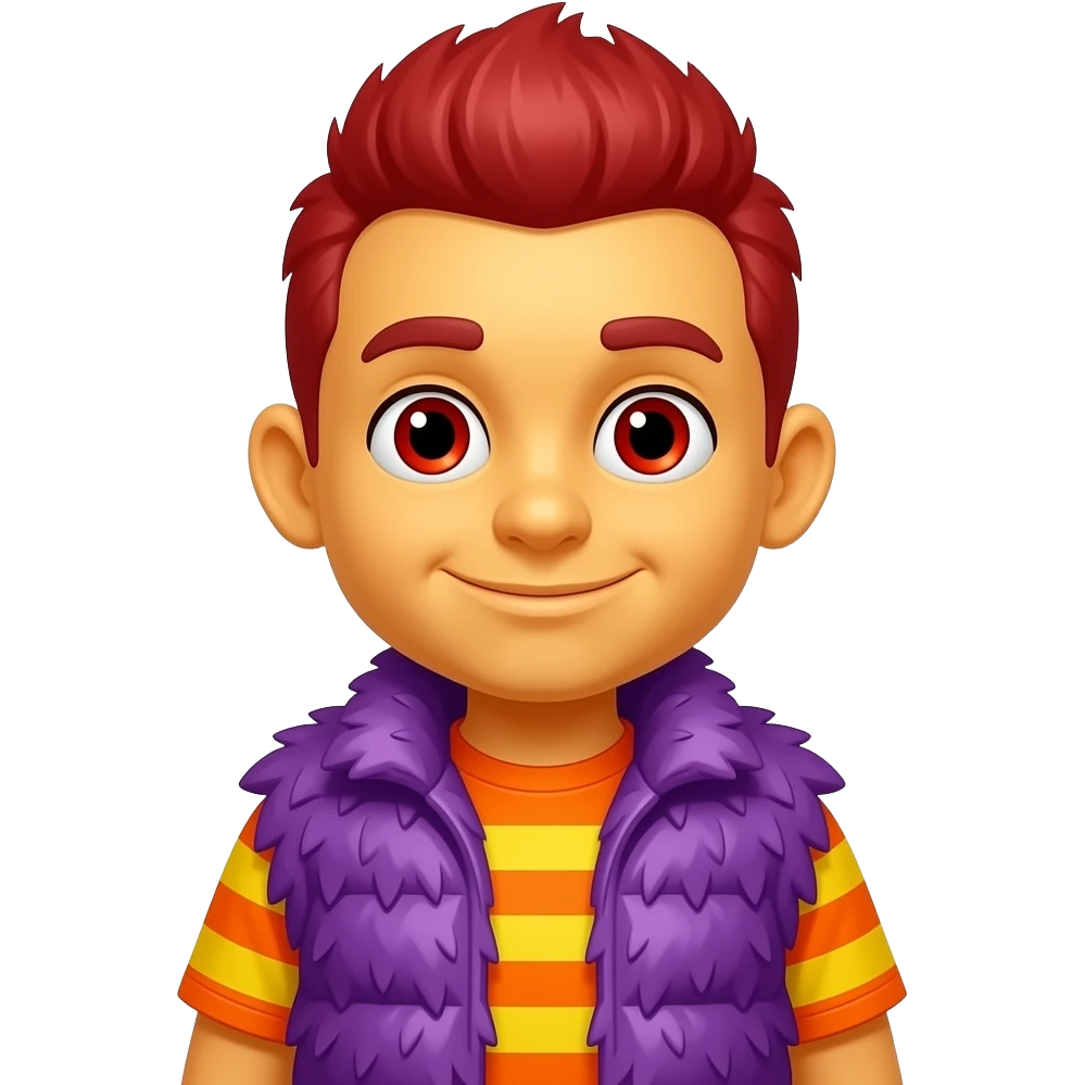 Moe Doodle from The Doodlebops with yellow-orange skin, red eyes, red heavily mop-top hair, orange and yellow striped metallic shirt, purple metallic shaggy fur vest emoji