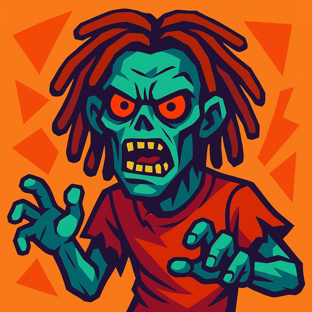 zombie with dreadlocks, menacing expression, stylized, vibrant toon style emoji