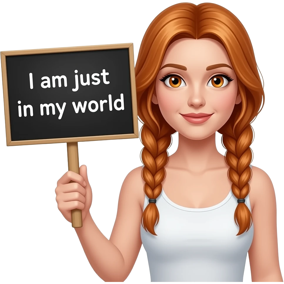 sexy girl with long ginger braids and ginger eyes wearing a white tanktop is holding a black sign with ICH BIN DANN MAL IN MEINER WELT written on it emoji