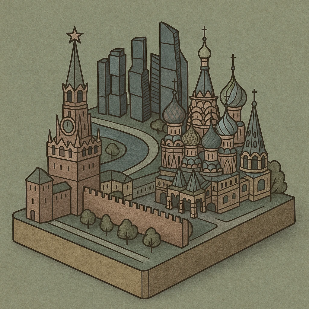 Изометричная миниатюрная 3D модель Москвы на подставке - фотореалистичный Кремль, собор Василия Блаженного, Сити, аккуратная детализация, яркие цвета мультяшный реализм, компактная композиция,  вид сверху в изометрии emoji