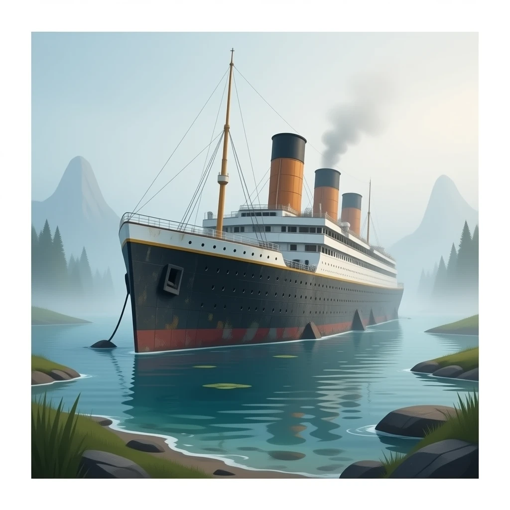 The sunken ship Titanic floats above a shallow pool of water emoji