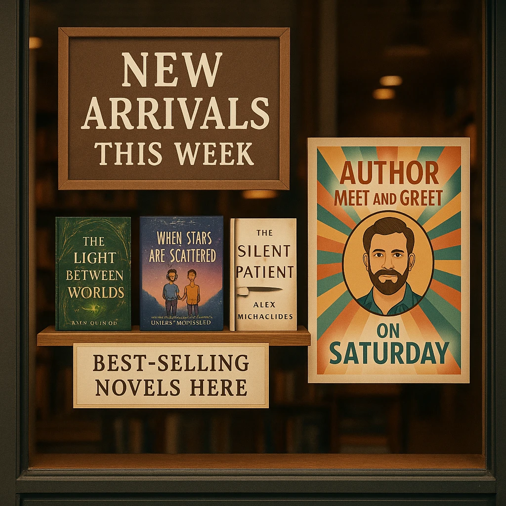 Bookstore window display. A sign displays “New Arrivals This Week”. Below, a shelf tag with the text “Best-Selling Novels Here”. To the side, a colorful poster advertises “Author Meet And Greet on Saturday” with a central portrait of the author. There are four books on the bookshelf, namely “The light between worlds” “When stars are scattered” “The slient patient” “The night circus” emoji