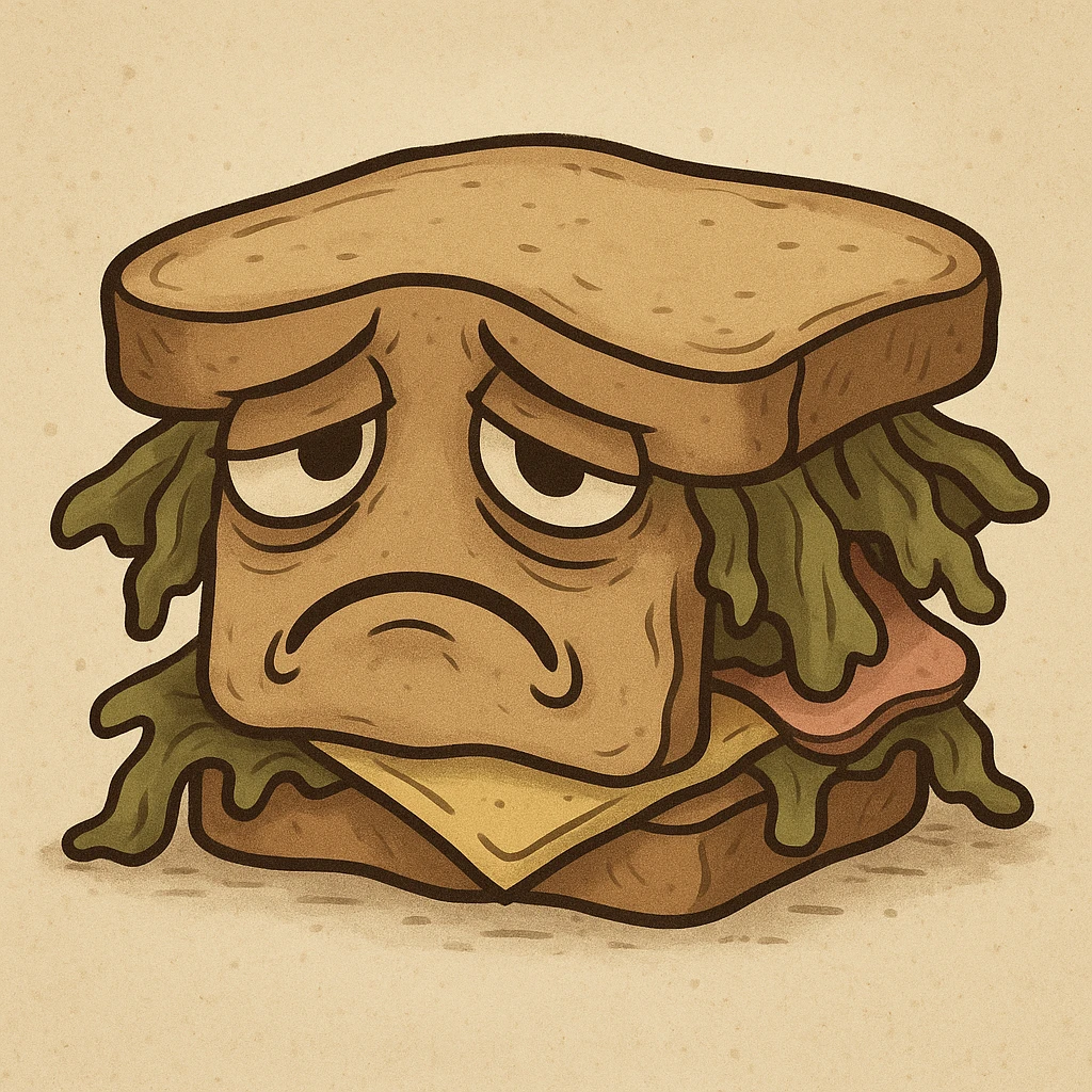 a miserable sandwich with a sad expression, wilted lettuce, droopy bread, dull colors emoji