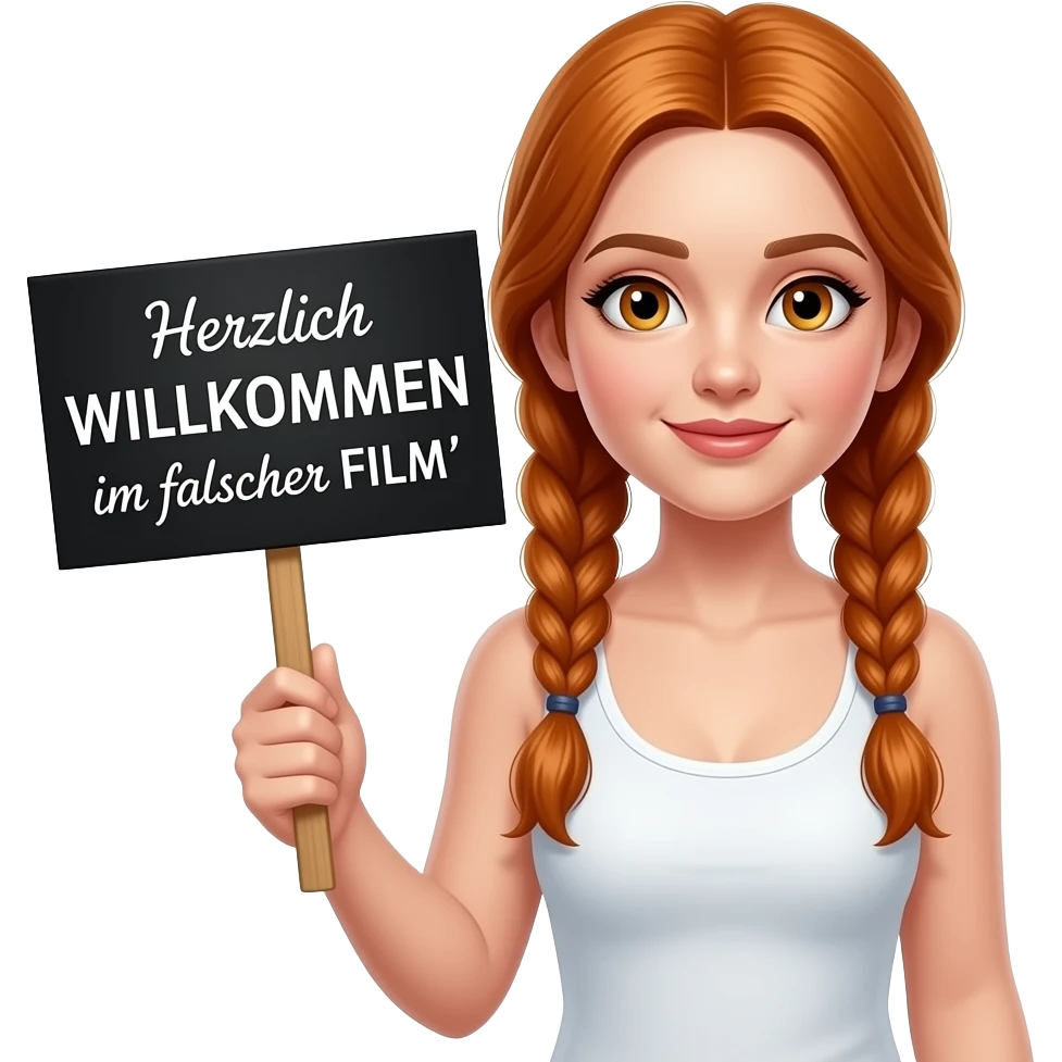 sexy girl with long ginger braids and ginger eyes wearing a white tanktop is holding a black sign with Herzlich WILLKOMMEN im falschen FILM written on it emoji
