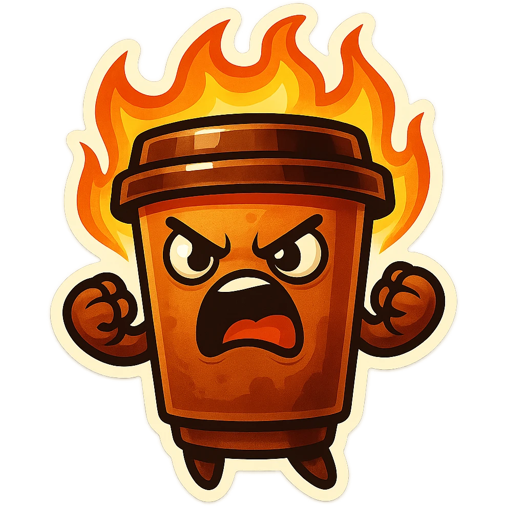 Tall coffee cup, angry, on fire, clenched fists, yelling emoji