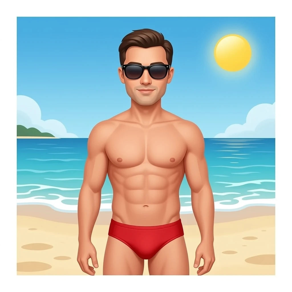 Erstelle ein Bild von einem Strand, mit im Bild ist ein Mann zusehen der sich sonnt, er trägt rote enge speedo und Oberkörper frei und trägt eine Sonnenbrille emoji