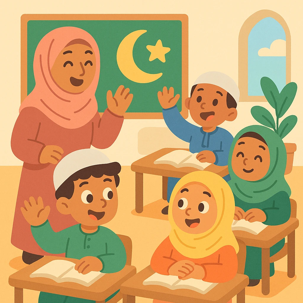playful and friendly Islamic school illustration, suitable for children's materials emoji
