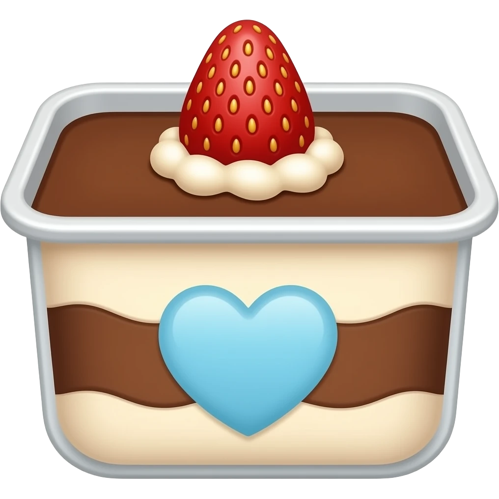 minimal cocoa tiramisu with a strawberry in a large container and with 🩵 emoji