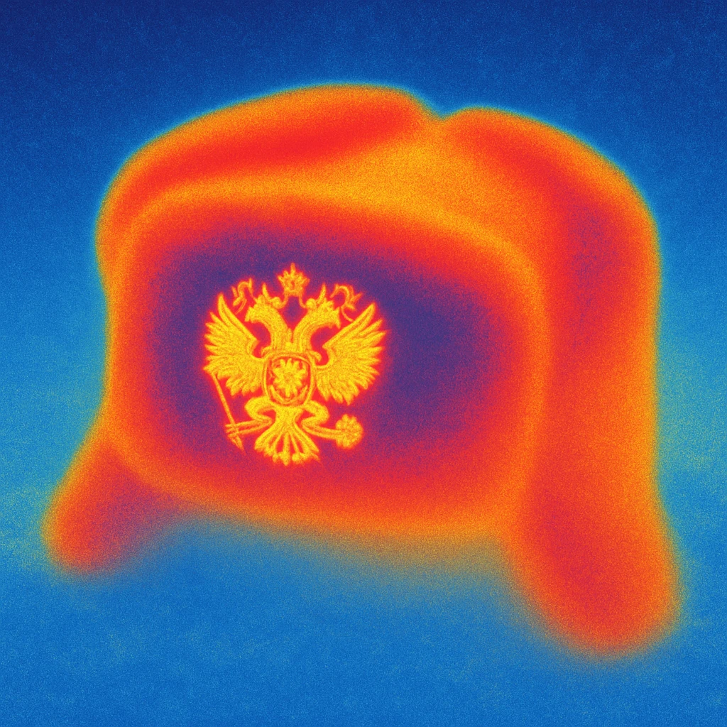 Russian ushanka hat with the emblem of Russia in thermal camera style with a snowy background emoji