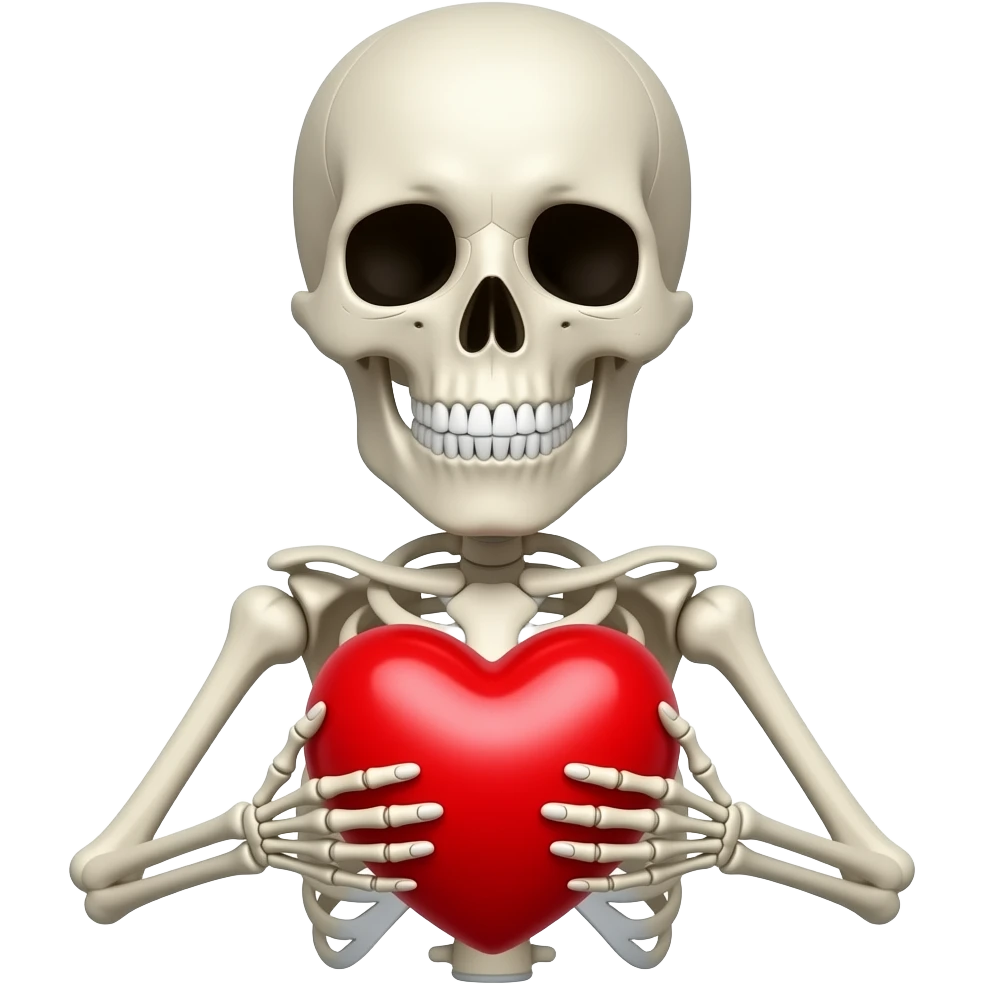Esqueleto de pies sosteniendo con sus dos manos un corazón emoji