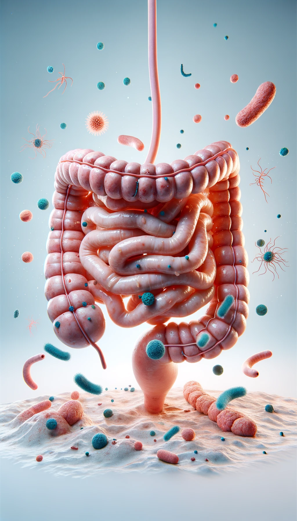 intestino umano realistico con batteri e parassiti che gli fluttuano intorno, sfondo chiaro, iperrealistico 4k emoji