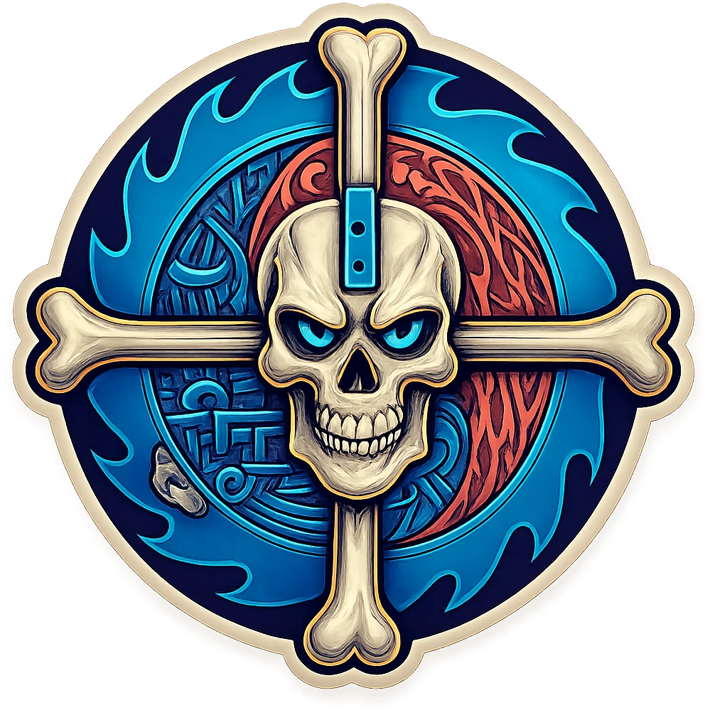 Sticker variation 3: Skull and crossbones with mechanical and organic details, bold outlines, vibrant colors, retro sticker style. emoji