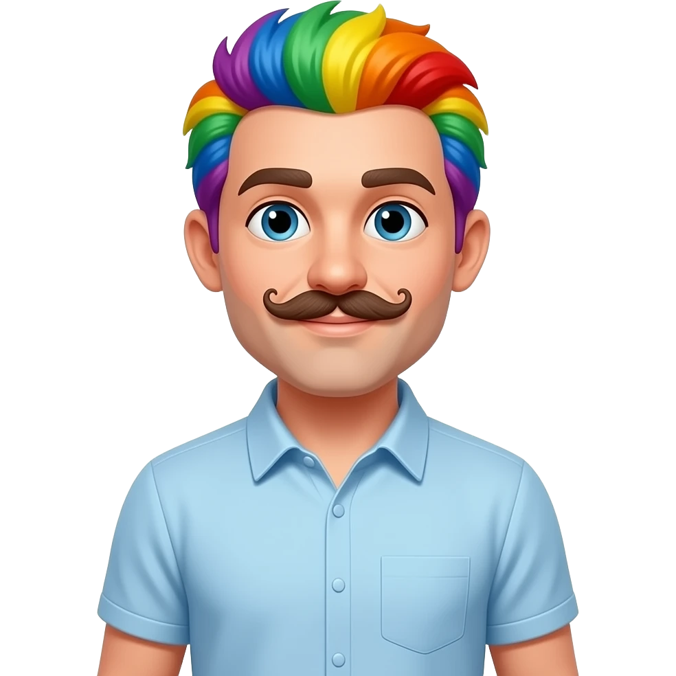 Full-body standing white man with rainbow colored hair and curled mustache emoji
