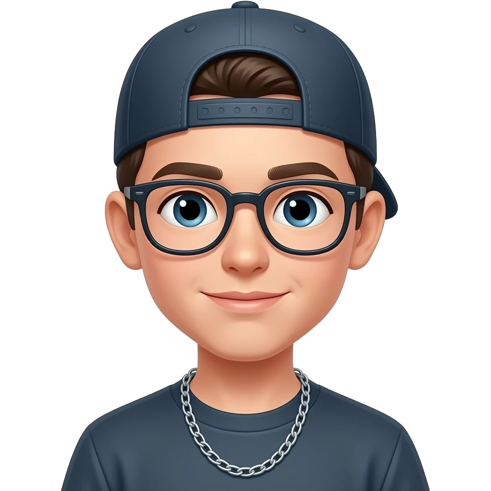 Un niño con gorra de lado con cadena y gafas emoji