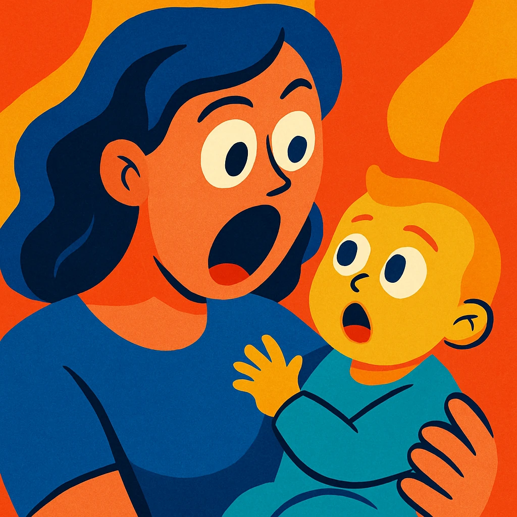 a mother looking at her child with shocked eyes, vibrant colors, modern illustration emoji
