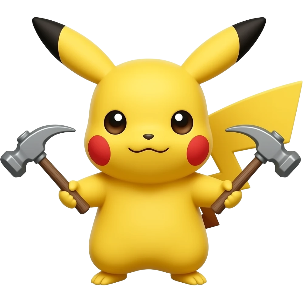 Pikachu head with hands, swinging a hammer, emoji style, 2D, bold outline, not 3D. emoji