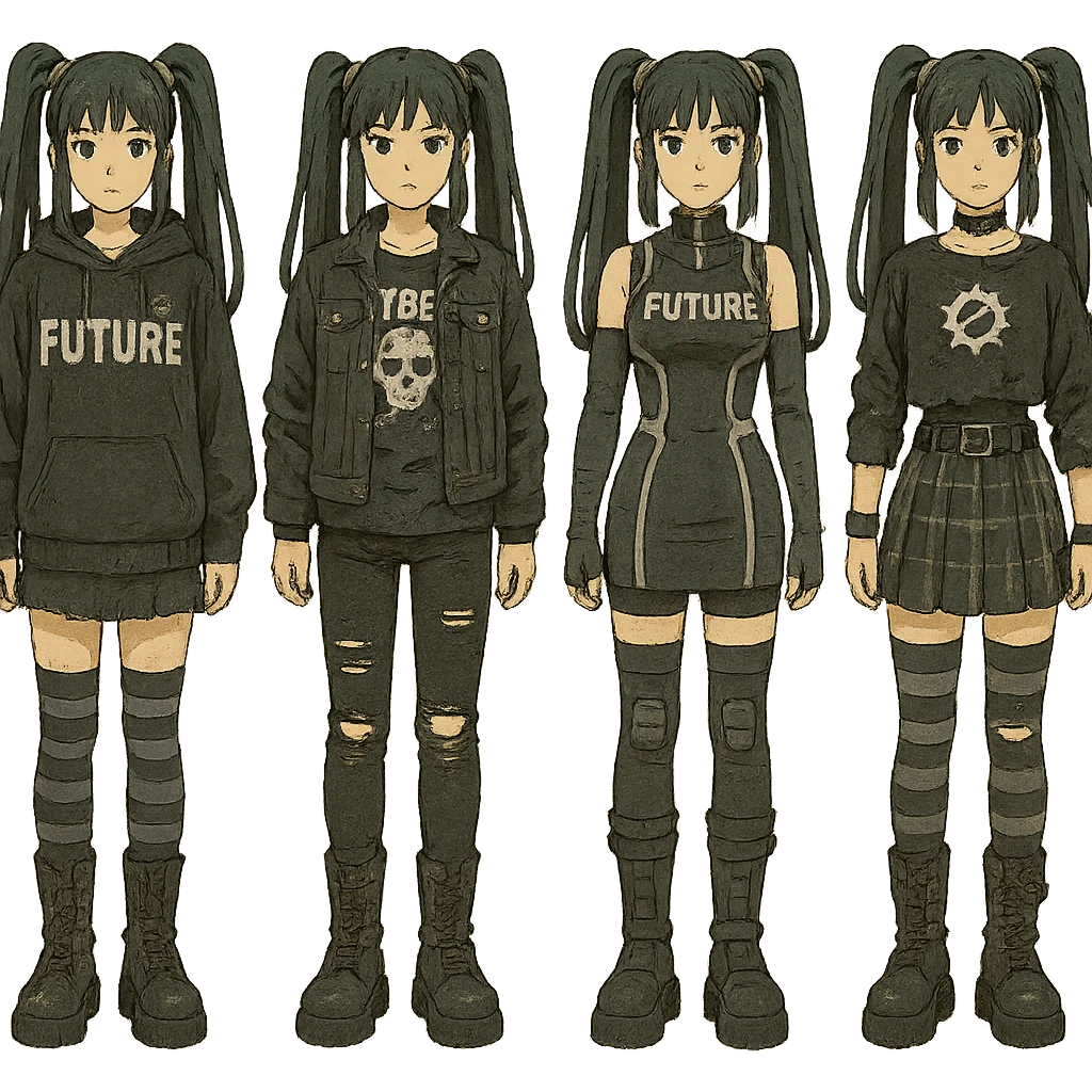 outfit designs for a VTUBER OC. The style is mixed 90's grunge, punk, lots of black and white in the color scheme, futuristic aesthetic. Clothing has small rips and tears from wear, logos and designs are faded. Garage, Shoegaze, postmodern style. character design concept art outfits for a female. [[FUTUREPUNK CYBERGOTH]] front on view, not 3/4 angle or any angle, perfect front emoji