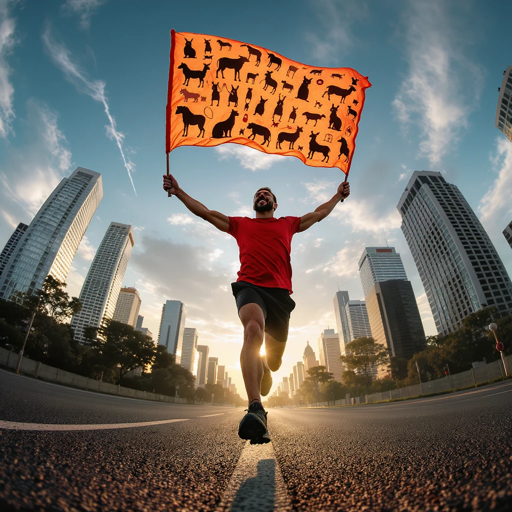 happy runner waving a flag of animals emoji