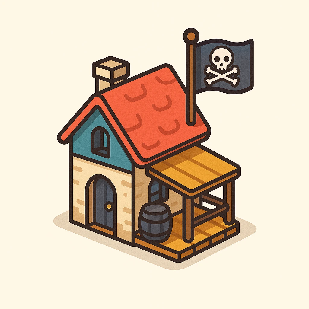 old pirate's house with skull flag emoji