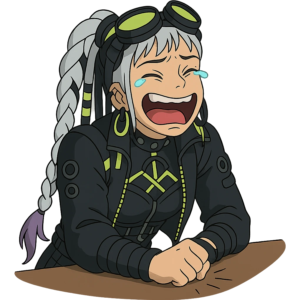 1 female, single long white braid with lavender tips. Cybergoth futurepunk, crying from laughter, pounding her fist on a table, “wheeze emoji” facial expression, hilarious  emoji