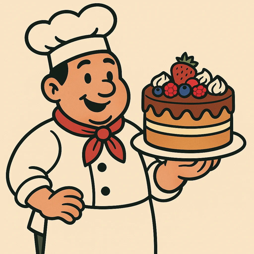 a pastry chef with a cake and a hat emoji
