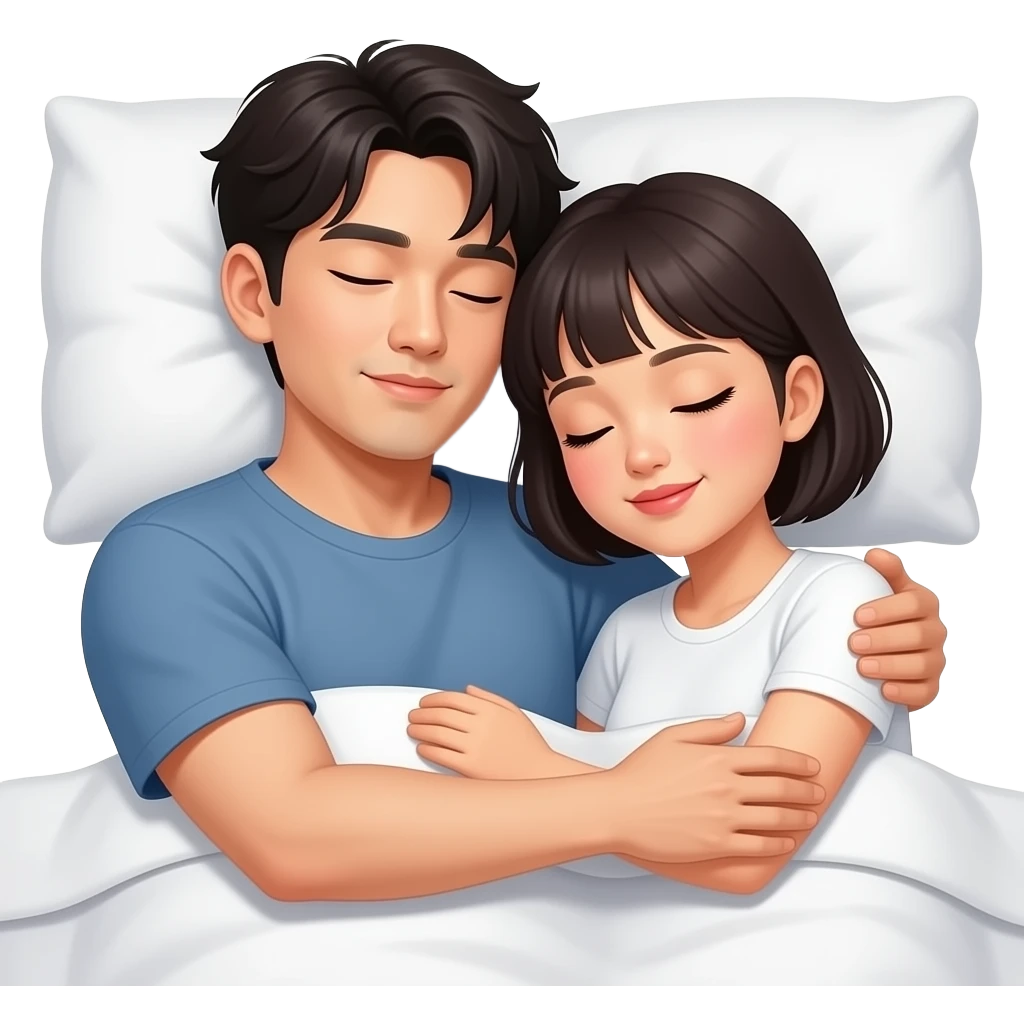 hot korean man with bangs sleeping with a hot Filipina with short hair and bangs. make them hug comfortably like they are sleeping emoji