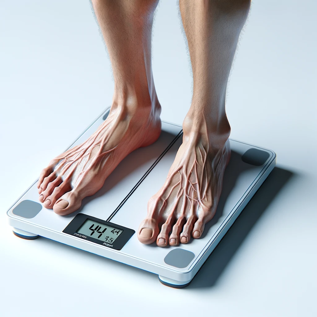 piedi di un corpo umano anatomico su una bilancia pesapersone, si sta pesando perché è ingrassato, iperrealistico 4k, isolato su sfondo bianco emoji