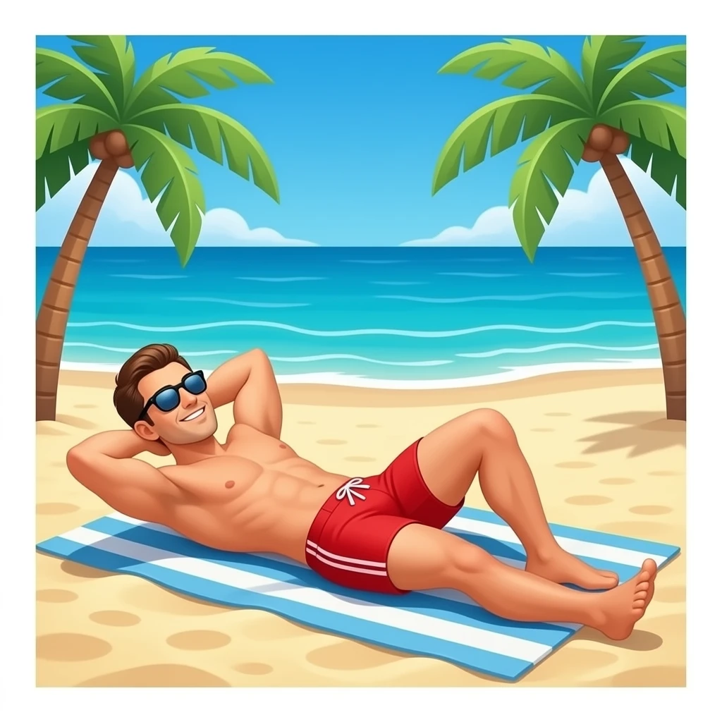 Erstelle ein Bild von einem Strand, mit im Bild ist ein Mann zusehen der sich im liegen sonnt, er trägt rote enge speedo und Oberkörper frei und trägt eine Sonnenbrille emoji