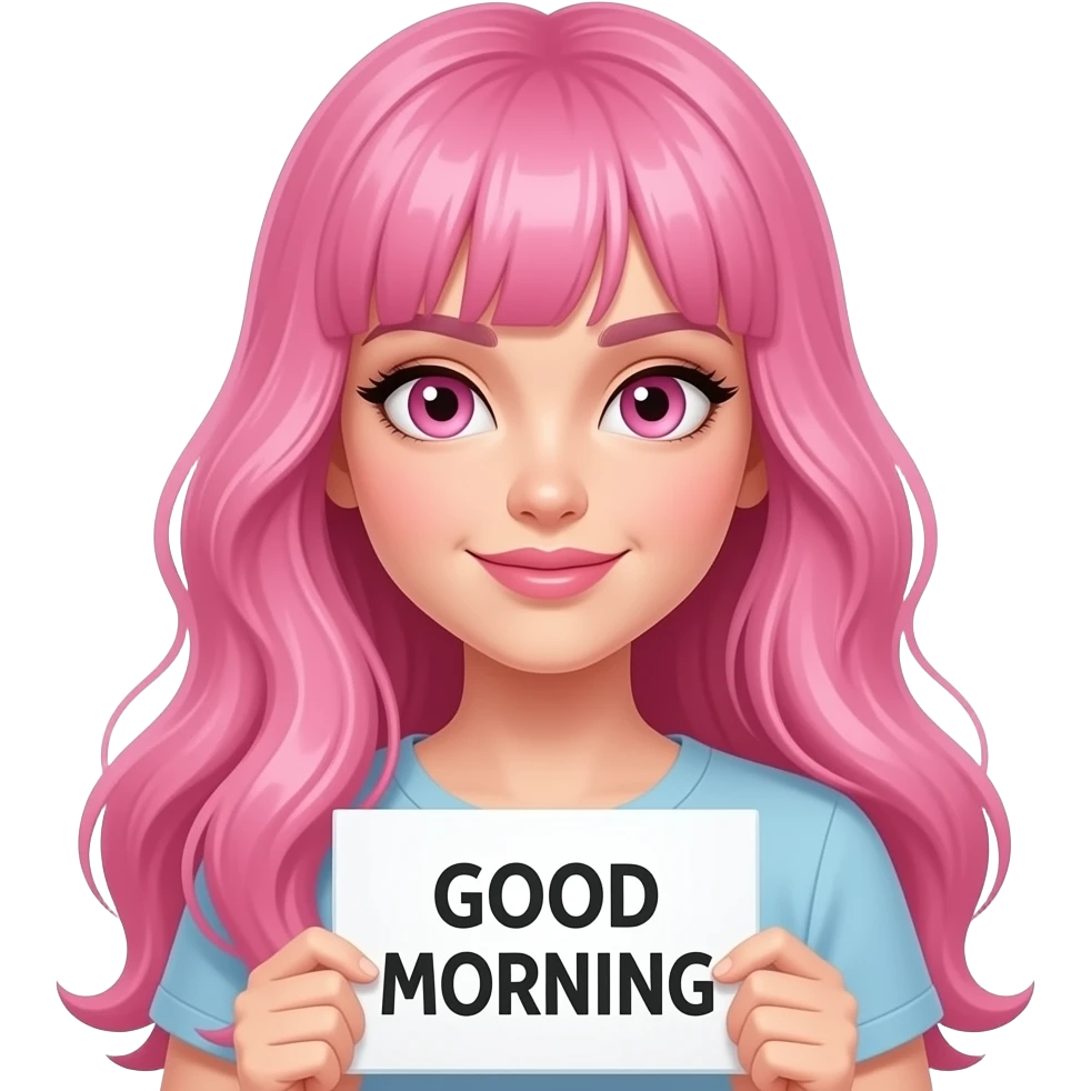 sexy girl with long pink hair and pink eyes holding a GOOD MORNING sign emoji
