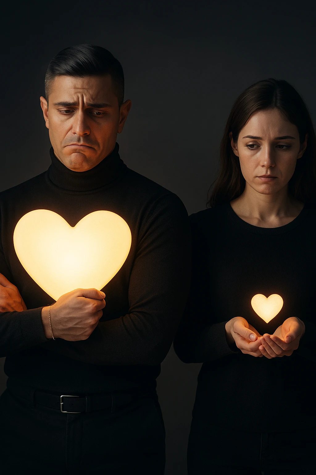 an Italian man in his 30s with olive skin and dark hair stands apart from a woman who offre un piccolo cuore luminoso tra le mani. Lui guarda il cuore con un’espressione triste e insoddisfatta, tenendo tra le braccia un cuore molto più grande e brillante, mentre la distanza tra loro è accentuata da luci soffuse e ombre. emoji