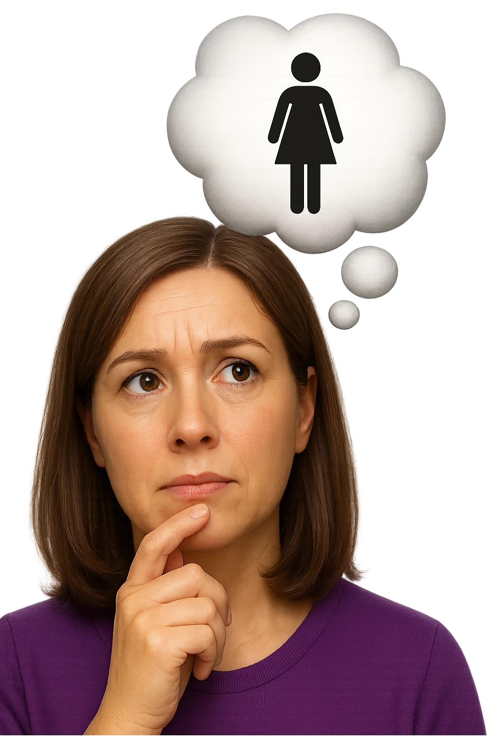emoji stile iphone di una donna con nuvoletta di pensiero con all'interno la toilet per donne, iperrealistico 4k emoji