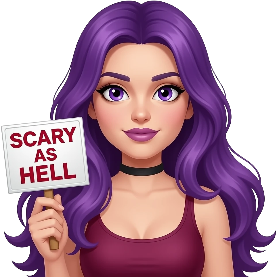sexy girl with long purple hair and purple eyes holding a SCARY AS HELL sign emoji