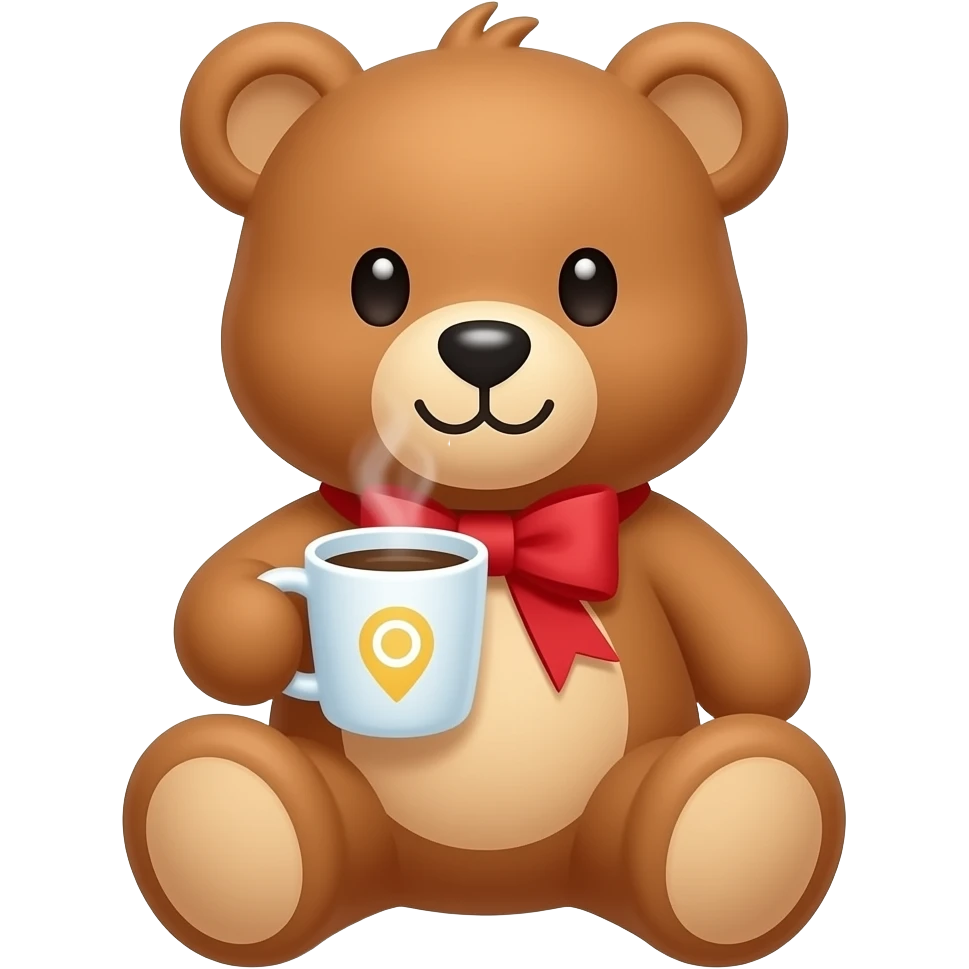 cute teddy bear drinking coffee with a pin ribbon emoji