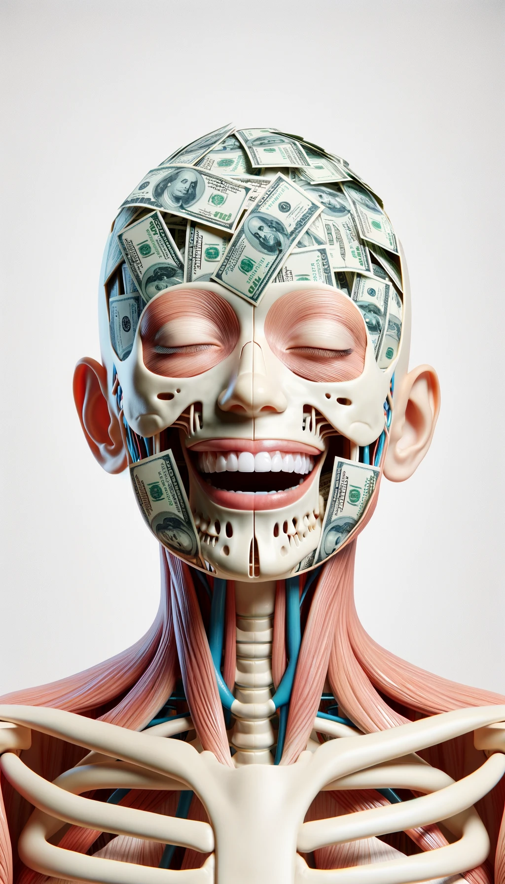 corpo umano anatomico sereno e felice con una montagna di banconote davanti al viso, espressione stupita, iperrealistica 4k, isolato su sfondo bianco emoji