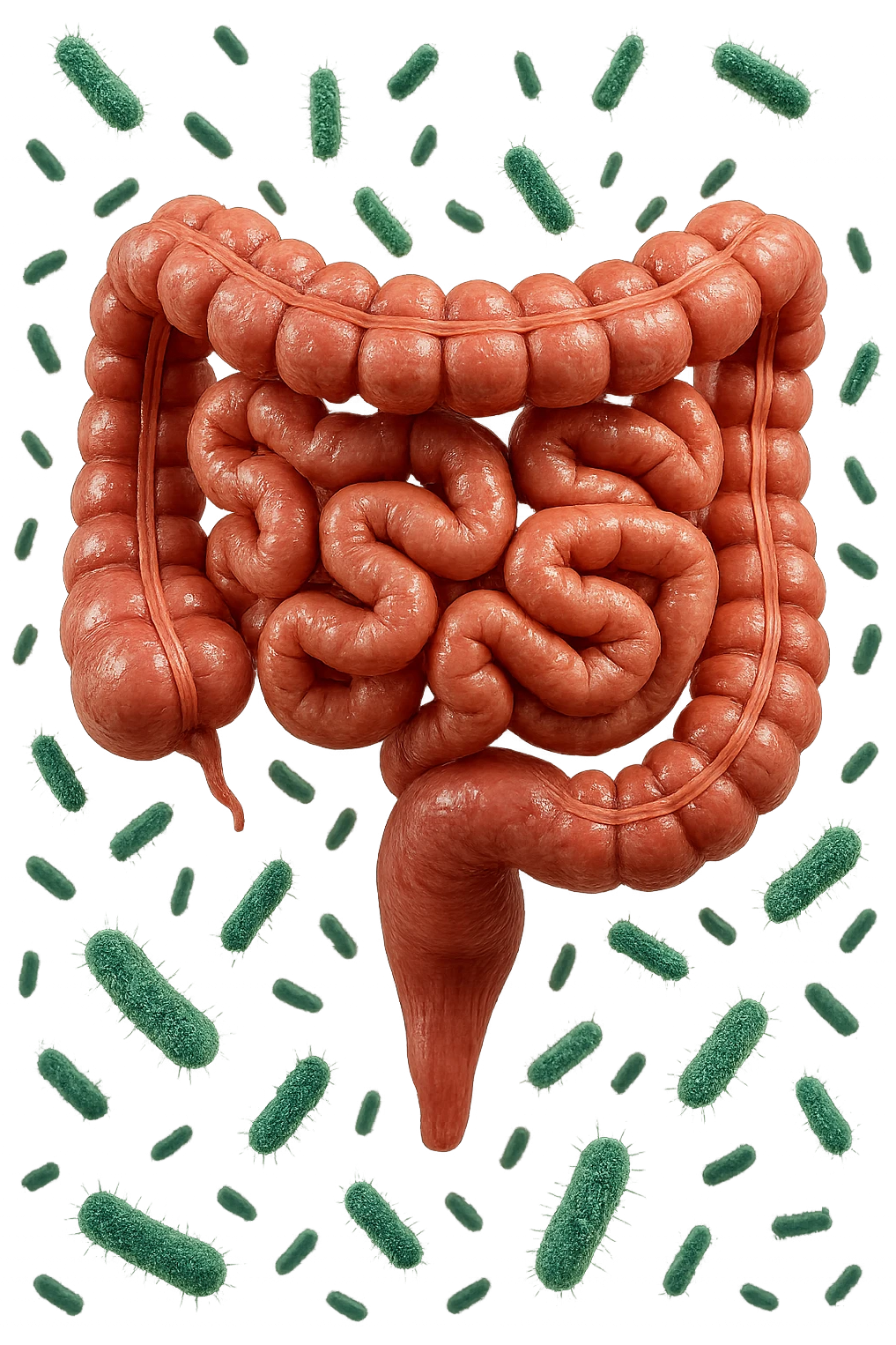intestino umano anatomico con batteri intestinali che gli fluttuano intorno, iperrealistico 4k emoji