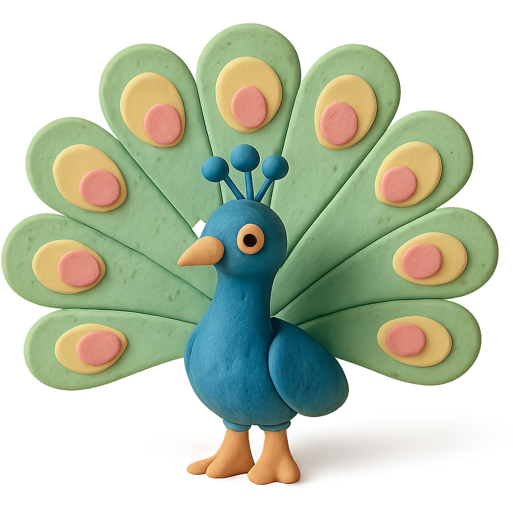 peacock with fanned colorful feathers, visible fingerprints, pastel colors, claymation style emoji