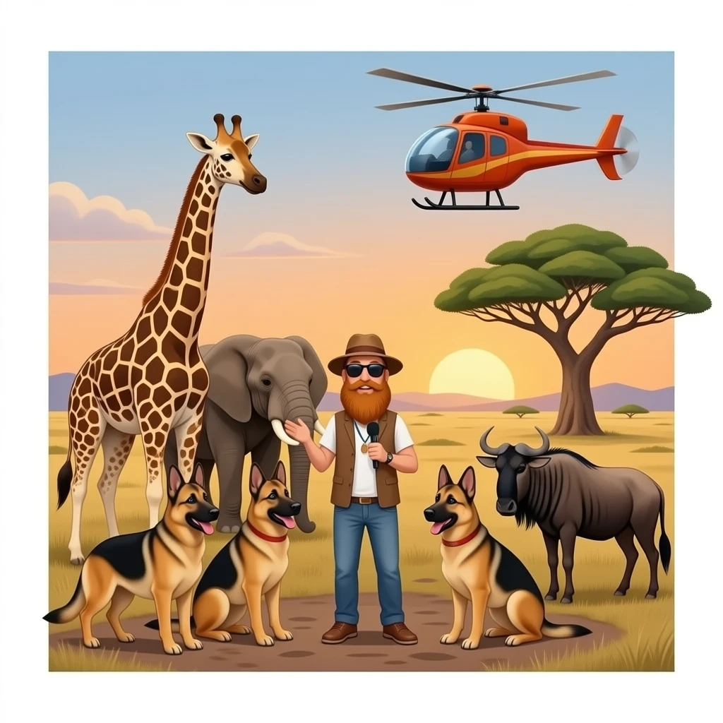 Seven K9 german sheppards surrounding serengeti animals giraffe elephant wildebeast boabab sunset traditional bushmen dancingplains patrol with news anchor sky chopper interviewing ginger-bearded hippie sunglasses emoji