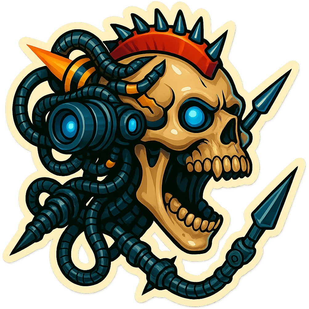 guns. try different melee weapons. put punk spikes on some surfaces. use other colors for the eyes like blue. the skull is screaming. . the skull should stay bone. make the jaw open extremely wide. wider than reality. profile view. 3/4 view. rear views. add some black and yellow warning stripes in sections. rear views! profile views! Mohawk made from a circular saw blade emoji