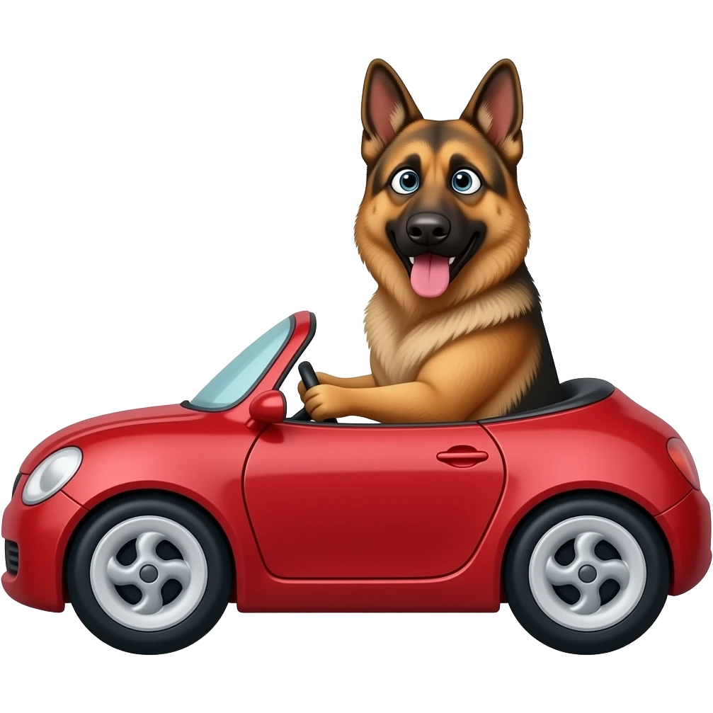 German shepherd driving a red convertible car emoji