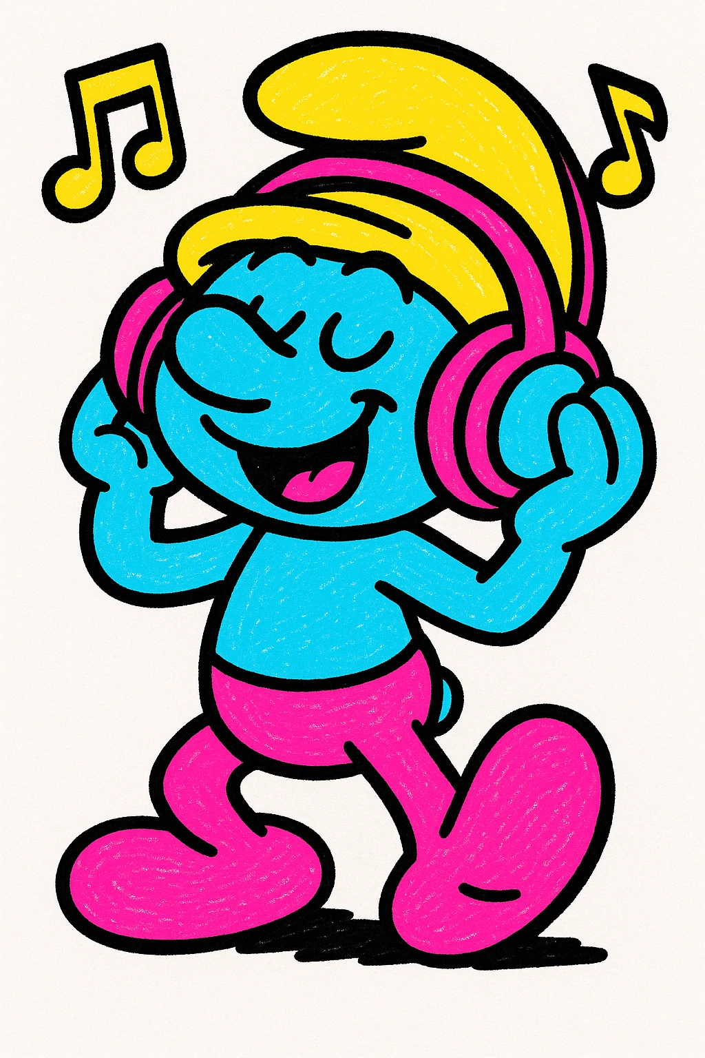 a blue smurf happily listening to music with headphones, vibrant colors emoji
