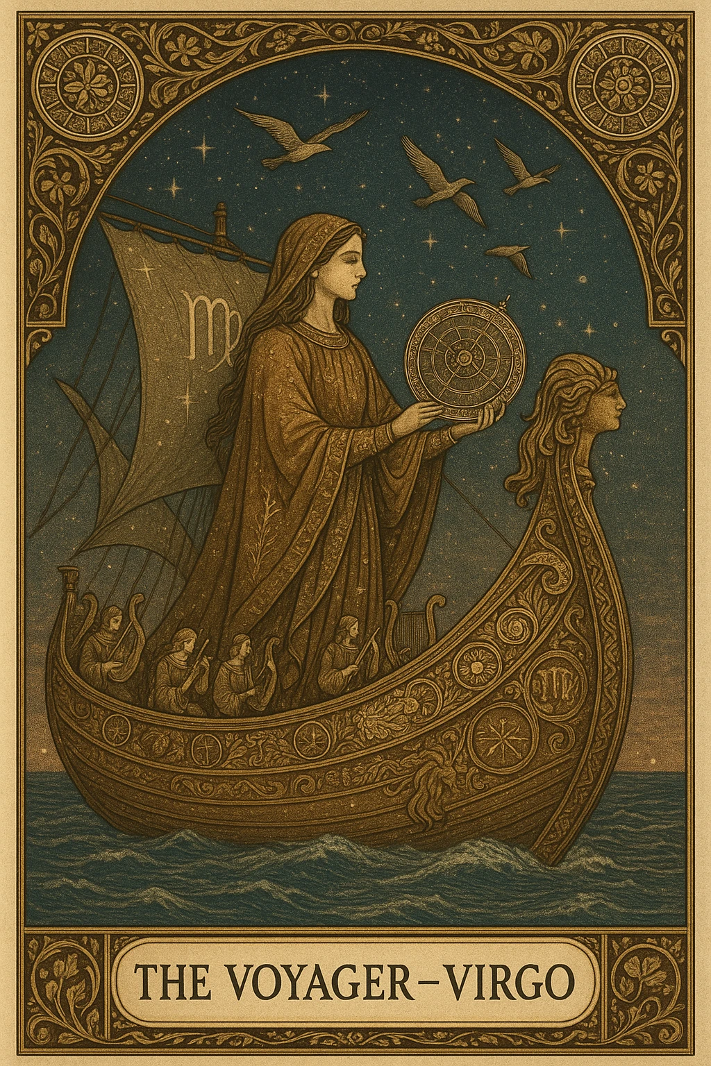 Create a Tarot card titled "The Voyager – Virgo" featuring a serene Virgo figure traveling on a majestic ship across a starlit sea. The Virgo appears graceful and introspective, wearing flowing earth-toned robes embroidered with fine constellations and botanical patterns. She holds a celestial map or astrolabe, symbolizing wisdom and direction. The ship is ornately carved with zodiac motifs, arcane symbols, and detailed woodwork representing elements of nature and time. Birds soar overhead in elegant formation, symbolizing spiritual guidance, while a group of musicians onboard plays harps, flutes, and lyres—each instrument etched with runes and celestial glyphs. Surrounding the card’s border are elaborate vine patterns, miniature zodiac wheels, and golden filigree that shimmer with ethereal light. The background should feature a richly textured twilight sky with layered stars, subtle planetary alignments, and faint Virgo glyphs woven into the sails and horizon. The overall composition should evoke mystery, harmony, and divine purpose, blending traditional Tarot symbolism with intricate artistic craftsmanship emoji