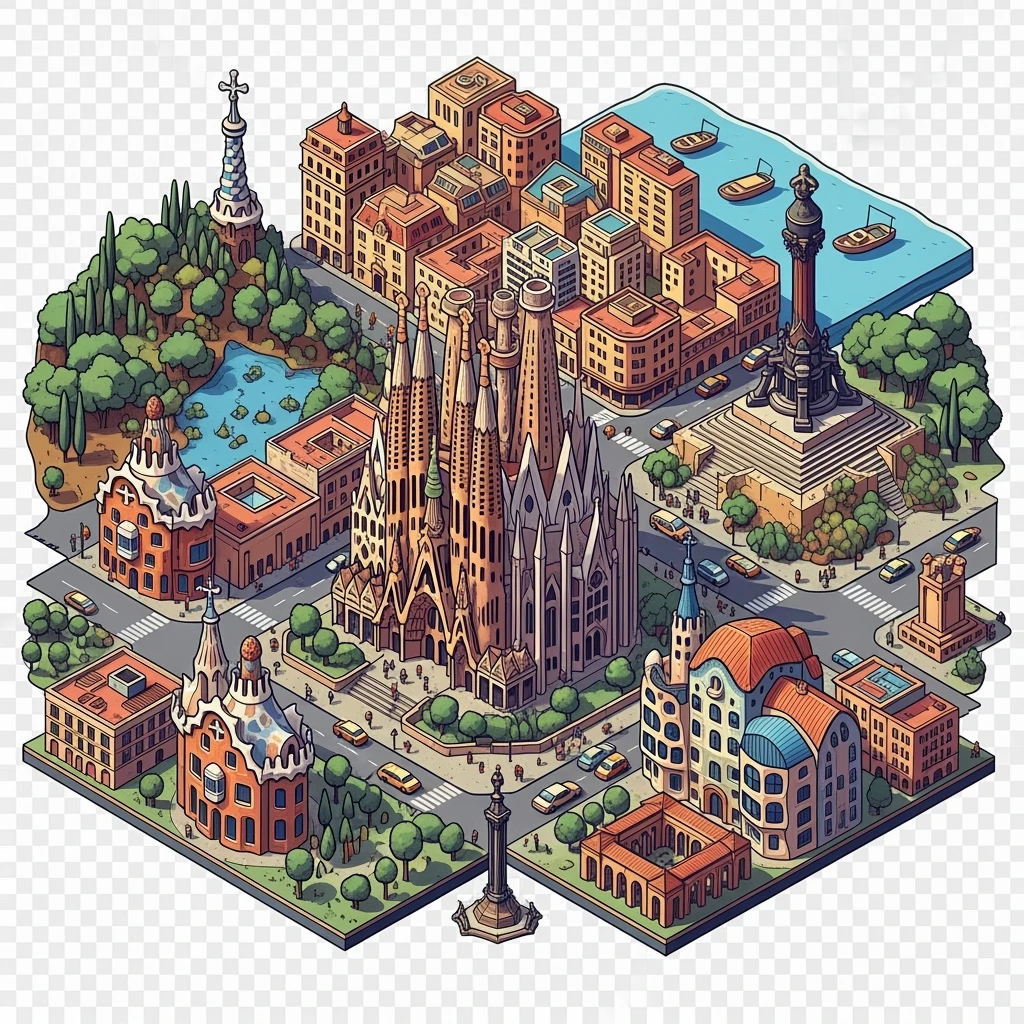 Isometric illustration of Barcelona, featuring Sagrada Familia with intricate spires, highly detailed in semi-realistic style with sharp outlines, balanced between stylized and realistic, 3D miniature effect, transparent background. emoji