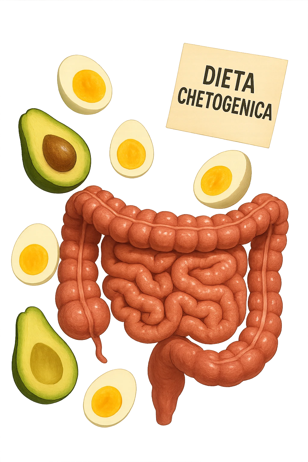 intestino umano anatomico con uova sode e avocado che gli fluttuano intorno insieme ad un foglio con la scritta "DIETA CHETOGENICA" CHE FLUTTUA IN ARIA emoji